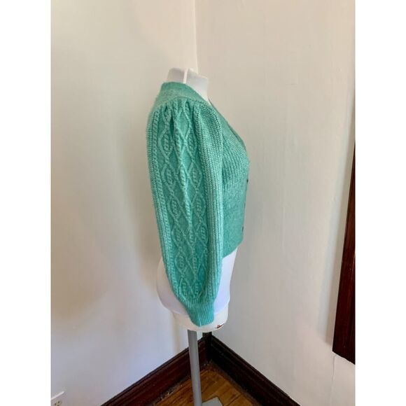 VTG 90s y2k Green Knit Cropped Sweater Mutton Sleeves Cable Argyle Cardigan Med - Picture 16 of 16